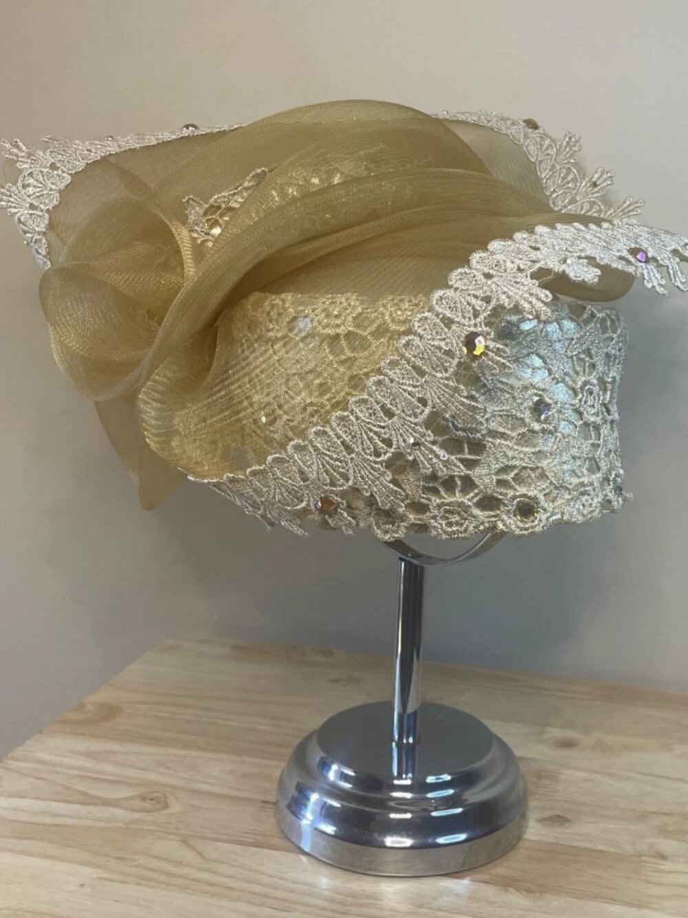 Ms Divine Metallic Gold Church Hat Lace Bow Elegant Derby Wedding Hat